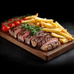 Sliced steak with roasted potatoes and cherry tomatoes on a wooden board