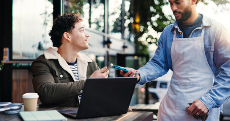 Pos machine, employee and man with smartphone, ecommerce and purchase with wireless transaction....