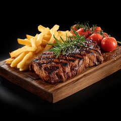 Grilled steak with french fries and cherry tomatoes on a wooden board