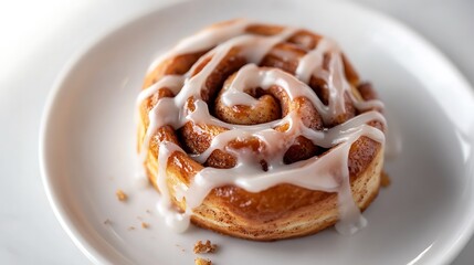 Fototapeta premium A freshly baked cinnamon roll with a generous drizzle of white icing, served on a white plate.