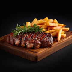 Grilled steak with seasoned fries on a wooden board