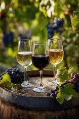 Four wine glasses filled with different colored wines on a wooden barrel surrounded by grapes