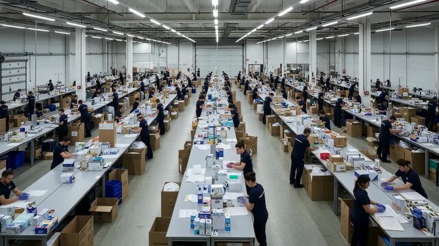 Large-scale textile factory with rows of sewing machines and workers. Industrial garment production line in spacious manufacturing facility. Mass clothing production concept.