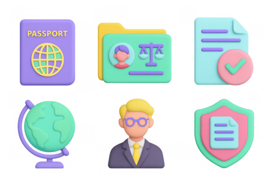 3d icons of passport, legal documents, and businessman with globe and shield