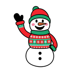 Cheerful snowman wearing hat scarf waving one hand


