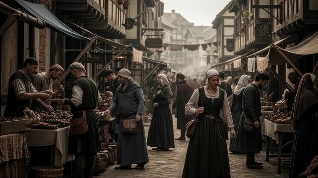 Historical reenactment of crowded 19th century European street market. People in period costumes shopping at vendor stalls. Atmospheric scene of daily life in old town.