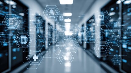 Digital interface with interconnected data symbols in a server room.