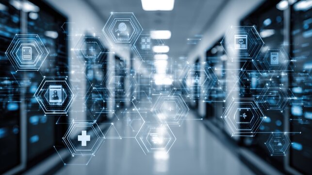 Digital interface with interconnected data symbols in a server room.