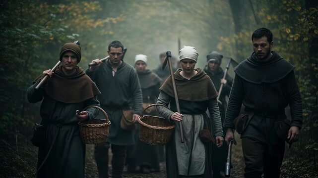 Medieval peasants carrying baskets in misty forest. Historical reenactment of rural life in Middle Ages. Atmospheric scene for period drama or documentary