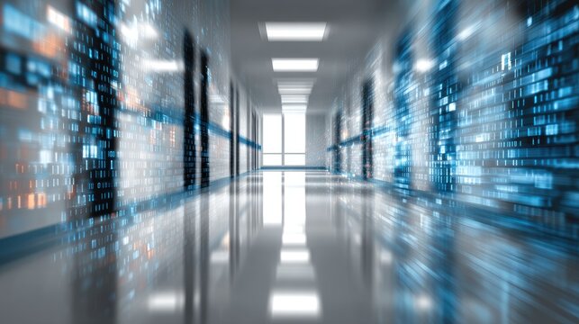 A futuristic server room corridor displays data streams.