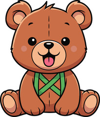 Cute cartoon teddy bear, smiling plush character, green harness, children’s illustration, nursery art, vector drawing, playful stuffed animal design