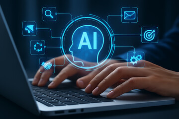 Hand holding laptop with finger pressing social network icon on screen