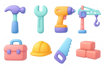 Colorful 3d tools set: hammer, drill, toolbox, helmet, and more