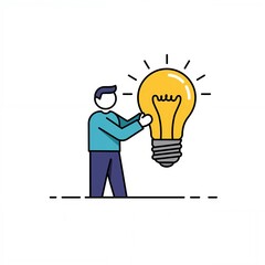 A man is repairing a large lightbulb, focusing on fixing the issue, with a minimalistic design and vibrant colors