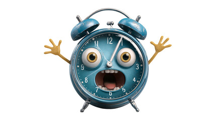 Animated turquoise alarm clock character