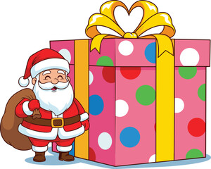 Santa Claus with sack, colorful polka dot gift box, festive Christmas illustration, cheerful holiday design, cartoon celebration, joyful present scene