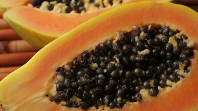Ripe papaya halves showcasing vibrant orange flesh and numerous dark seeds, resting on a rustic surface.