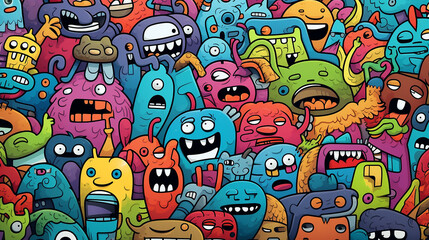 Fototapeta premium Vibrant cartoon monsters playful group, fun, quirky, colorful.