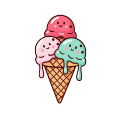 Cartoon ice cream cone multiple colorful scoops illustration

