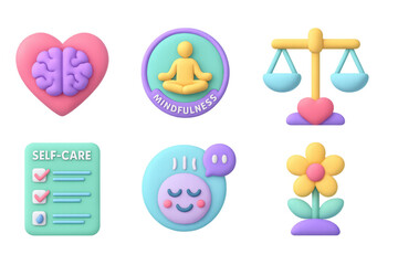 3d wellness icons: mindfulness, self-care, and emotional balance symbols