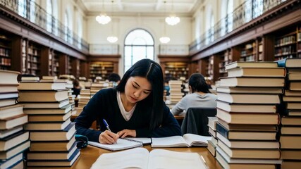Asian woman studying in university library surrounded by stacks of books. Academic research and education concept. Student preparing for exams in traditional learning environment. - Powered by Adobe