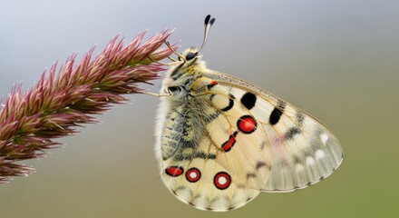 Stunning Apollo Butterfly resting on a pink grass stalk
