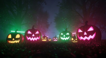 Halloween Pumpkins Neon Lights in Dark Forest