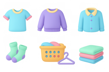 Cute pastel clothing and laundry objects in cartoon style