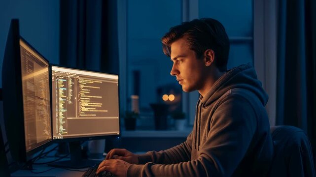 Man coding at night on computer with glowing screen. Software developer working late. Programmer writing code in dark room. IT professional solving tech problem.