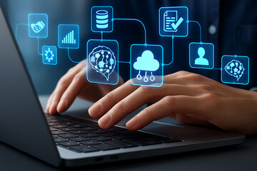 Hand holding laptop with social network concept, a person working online with technology and digital communication