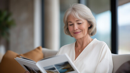 A grandparent sharing memories through photos in a cozy living room