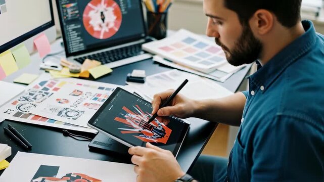 Man working on digital illustration at desk with computer and drawing tablet. Graphic designer creating artwork for animation or game design. Creative workspace.