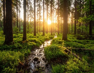 Obraz premium Sunlit Forest Scene with Stream and Lush Greenery Nature Landscape
