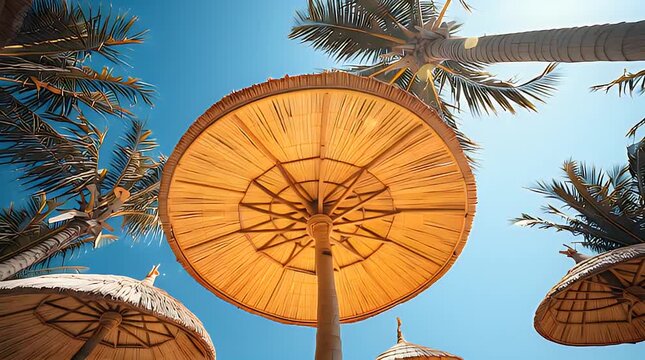 Low Angle View Of Woven Beach Umbrellas Under Bright Sunlight And Palm Trees