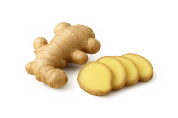 Fresh ginger root with slices isolated on transparent background, ready to be used in various culinary and medicinal applications