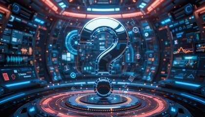 metallic question mark standing on a surface made of computer chips, illuminated holographic lights