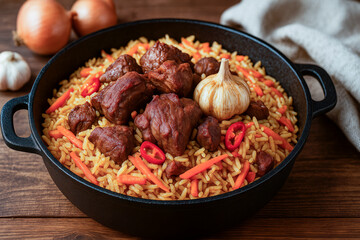 Homemade Uzbek pilaf with juicy lamb, served in a cauldron