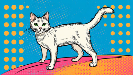 Bright pop art portrait of a cat with rich colors and abstract background. Ideal for posters, prints and decor.