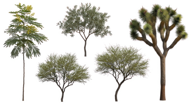 Desert and tropical trees collection with transparent background, isolated acacia, palm, mimosa, and Joshua tree varieties