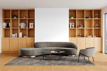 Modern Interior Living Room with Shelves and Sofa – Transparent PNG with Shadow – Center View