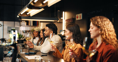 Swirl, group and friends with wine tasting at pub for experience, social gathering and bonding....