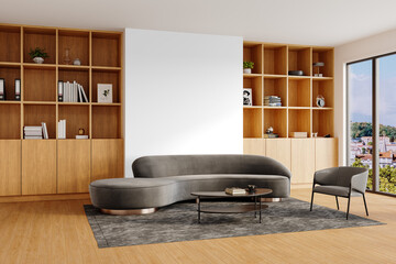 Modern Interior Scene with Sofa and Bookshelves – Transparent PNG Background – Side Angle View