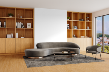 Modern Interior Scene with Sofa and Bookshelves – Transparent PNG Background – Side Angle View