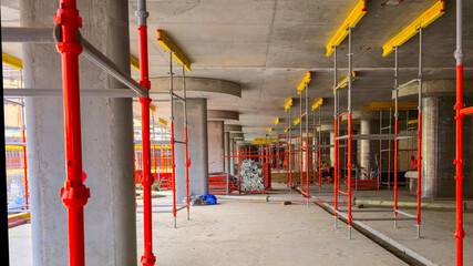 construction of a monolithic house the construction formwork holds the monolithic floor. View of the construction of a monolithic house inside.