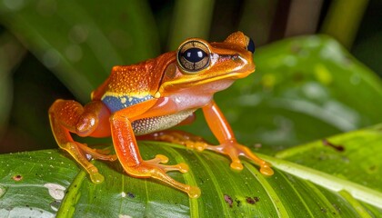 Vibrant frog on leaf in tropical rainforest.