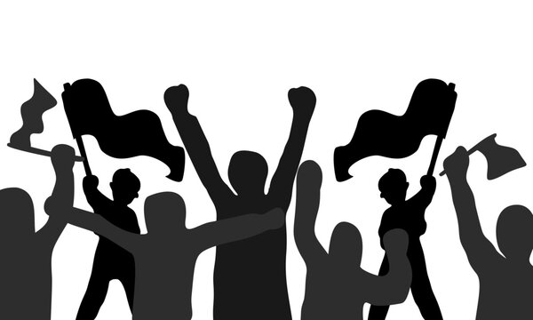 Independence day silhouetted vector of figures celebrate freedom with flags raised high.