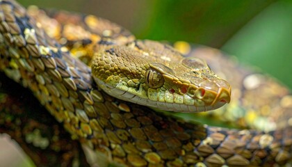Fototapeta premium Close-up of vibrant green tree snake head.