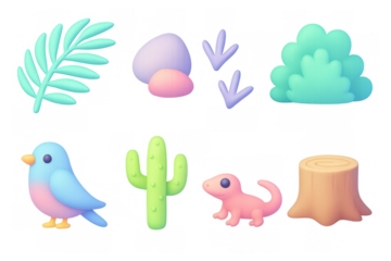 Pastel nature elements with cute animals in gradient cartoon style