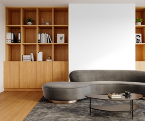 Isolated Interior Room with Modern Furniture and Wall Shelves – Transparent PNG Format – Close Up View
