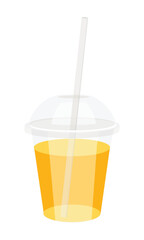 Take away glass of fresh orange juice isolated on white background. Plastic disposable transparent cup with straw